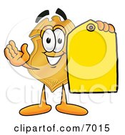 Badge Mascot Cartoon Character Holding A Blank Yellow Price Tag For A Sale