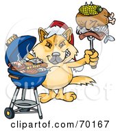 Grilling Dingo Wearing A Santa Hat And Holding Food On A Bbq Fork