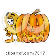 Poster, Art Print Of Badge Mascot Cartoon Character With A Carved Halloween Pumpkin