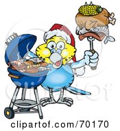 Royalty Free RF Clipart Illustration Of A Grilling Budgerigar Wearing A Santa Hat And Holding Food On A BBQ Fork by Dennis Holmes Designs