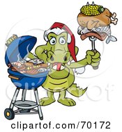 Poster, Art Print Of Grilling Crocodile Wearing A Santa Hat And Holding Food On A Bbq Fork