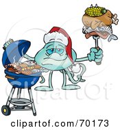 Royalty Free RF Clipart Illustration Of A Grilling Jellyfish Wearing A Santa Hat And Holding Food On A BBQ Fork by Dennis Holmes Designs