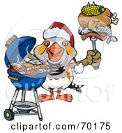 Grilling Zebra Finch Wearing A Santa Hat And Holding Food On A Bbq Fork