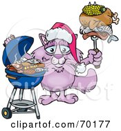 Grilling Pink Cat Wearing A Santa Hat And Holding Food On A Bbq Fork