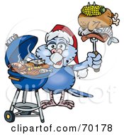 Royalty Free RF Clipart Illustration Of A Grilling Budgie Wearing A Santa Hat And Holding Food On A BBQ Fork