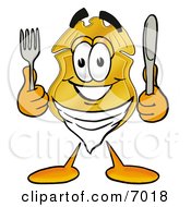 Clipart Picture Of A Badge Mascot Cartoon Character Holding A Knife And Fork