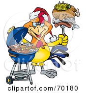 Royalty Free RF Clipart Illustration Of A Grilling Rooster Wearing A Santa Hat And Holding Food On A BBQ Fork