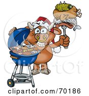 Royalty Free RF Clipart Illustration Of A Grilling Bull Wearing A Santa Hat And Holding Food On A BBQ Fork