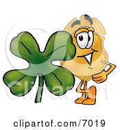 Poster, Art Print Of Badge Mascot Cartoon Character With A Green Four Leaf Clover On St Paddys Or St Patricks Day