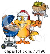 Poster, Art Print Of Grilling Female Goldfish Wearing A Santa Hat And Holding Food On A Bbq Fork