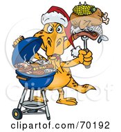 Grilling Goanna Lizard Wearing A Santa Hat And Holding Food On A Bbq Fork
