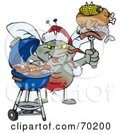Royalty Free RF Clipart Illustration Of A Grilling Mozzie Mosquito Wearing A Santa Hat And Holding Food On A BBQ Fork