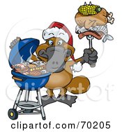 Poster, Art Print Of Grilling Platypus Wearing A Santa Hat And Holding Food On A Bbq Fork