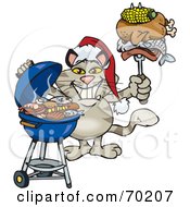 Poster, Art Print Of Grilling Cat Wearing A Santa Hat And Holding Food On A Bbq Fork