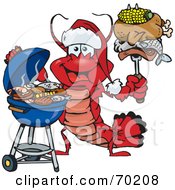 Poster, Art Print Of Grilling Lobster Wearing A Santa Hat And Holding Food On A Bbq Fork