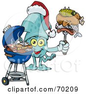 Poster, Art Print Of Grilling Squid Wearing A Santa Hat And Holding Food On A Bbq Fork