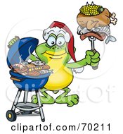 Royalty Free RF Clipart Illustration Of A Grilling Frog Wearing A Santa Hat And Holding Food On A BBQ Fork