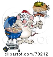 Royalty Free RF Clipart Illustration Of A Grilling Mouse Wearing A Santa Hat And Holding Food On A BBQ Fork by Dennis Holmes Designs