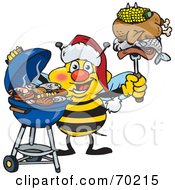 Poster, Art Print Of Grilling Honey Bee Wearing A Santa Hat And Holding Food On A Bbq Fork