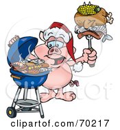 Royalty Free RF Clipart Illustration Of A Grilling Pig Wearing A Santa Hat And Holding Food On A BBQ Fork