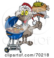 Royalty Free RF Clipart Illustration Of A Grilling Emu Wearing A Santa Hat And Holding Food On A BBQ Fork