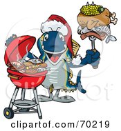 Royalty Free RF Clipart Illustration Of A Grilling Tuna Fish Wearing A Santa Hat And Holding Food On A BBQ Fork