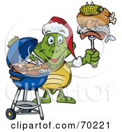 Poster, Art Print Of Grilling Turtle Wearing A Santa Hat And Holding Food On A Bbq Fork