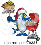 Poster, Art Print Of Grilling Marlin Wearing A Santa Hat And Holding Food On A Bbq Fork