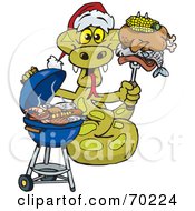 Grilling Python Wearing A Santa Hat And Holding Food On A Bbq Fork