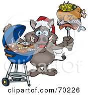 Poster, Art Print Of Grilling Boar Wearing A Santa Hat And Holding Food On A Bbq Fork