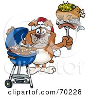 Royalty Free RF Clipart Illustration Of A Grilling Bulldog Wearing A Santa Hat And Holding Food On A BBQ Fork