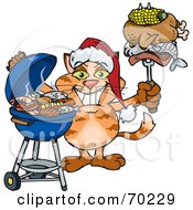 Royalty Free RF Clipart Illustration Of A Grilling Orange Cat Wearing A Santa Hat And Holding Food On A BBQ Fork by Dennis Holmes Designs