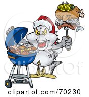 Grilling Bream Fish Wearing A Santa Hat And Holding Food On A Bbq Fork