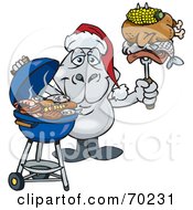 Grilling Dugong Wearing A Santa Hat And Holding Food On A Bbq Fork