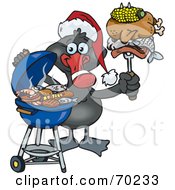 Poster, Art Print Of Grilling Black Swan Wearing A Santa Hat And Holding Food On A Bbq Fork