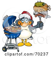 Poster, Art Print Of Grilling Penguin Wearing A Santa Hat And Holding Food On A Bbq Fork