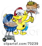 Poster, Art Print Of Grilling Marine Fish Wearing A Santa Hat And Holding Food On A Bbq Fork