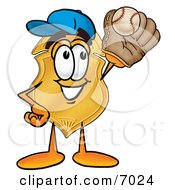 Poster, Art Print Of Badge Mascot Cartoon Character Catching A Baseball With A Glove