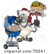 Grilling Siamese Cat Wearing A Santa Hat And Holding Food On A Bbq Fork