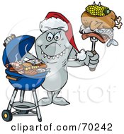 Poster, Art Print Of Grilling Shark Wearing A Santa Hat And Holding Food On A Bbq Fork