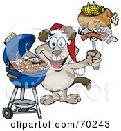 Poster, Art Print Of Grilling Dog Wearing A Santa Hat And Holding Food On A Bbq Fork