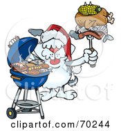 Poster, Art Print Of Grilling Terrier Wearing A Santa Hat And Holding Food On A Bbq Fork