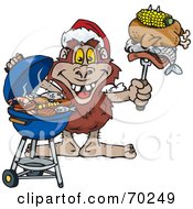 Poster, Art Print Of Grilling Yowie Wearing A Santa Hat And Holding Food On A Bbq Fork