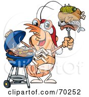 Poster, Art Print Of Grilling Prawn Wearing A Santa Hat And Holding Food On A Bbq Fork