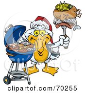 Royalty Free RF Clipart Illustration Of A Grilling Pelican Wearing A Santa Hat And Holding Food On A BBQ Fork