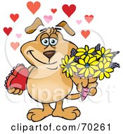 Sparkey Dog Holding Flowers And Chocolates With Hearts