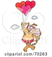 Poster, Art Print Of Sparkey Dog Cupid Floating Away With Heart Balloons
