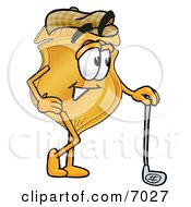 Badge Mascot Cartoon Character Leaning On A Golf Club While Golfing by Mascot Junction