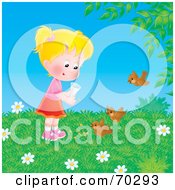 Blond Girl Feeding Birds On A Spring Day