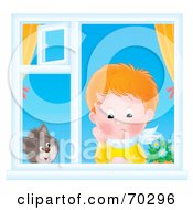 Poster, Art Print Of Cat Watching A Lonely Red Haired Boy In A Window